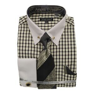 MEN'S AVANTI UOMO WINDOW PANE DRESS SHIRT WITH FRENCH CUFF & STONE COLLAR BAR.